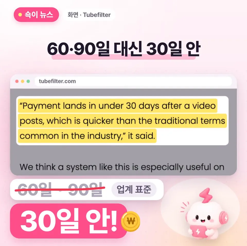 쇽이 뉴스 화면: 이게 왜 중요하냐면, 협찬비는 60일이나 90일 뒤에 받는 게 업계 표준인데, 원페이로 받으면 영상 올리고 30일 안에 통장에 들어온다고 하거든요!