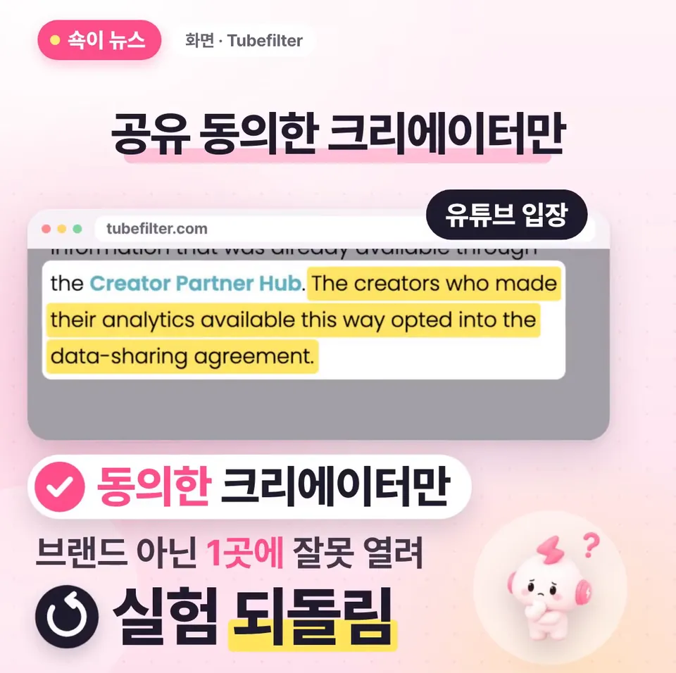 쇽이 뉴스 화면: 근데 유튜브 말로는 일부 브랜드 채널에만 연 실험이었고, 데이터 공유에 동의한 크리에이터만 보였대요. 브랜드가 아닌 한 곳에 잘못 열려서 실험은 되돌렸고요.