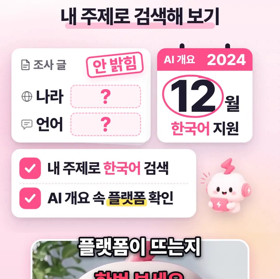 쇽이 뉴스 화면: 게다가 조사 글엔 검색한 나라와 언어도 안 나와요. AI 개요는 2024년 12월부터 한국어로도 되니까, 내 주제로 검색해서 어떤 플랫폼이 뜨는지 한번 보세요.