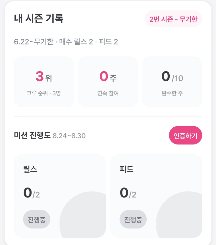 크루 내 시즌 기록: 크루 순위, 연속 참여, 이번 주 미션 진행도